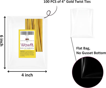 Wowfit 100 CT 6x10 Inch Clear Flat Cellophane Treat Bags with 6” Gold Twist Ties, Cello Packaging for Gift Wrapping, Decorations, and Food Storage