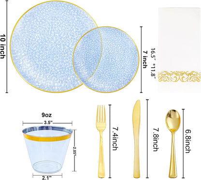 Rubtlamp 350 Pcs Clear Blue Plastic Plates, Blue Gold Plastic Dinnerware Set (50 Guests), Blue Disposable Plates With Gold Rim, Hammered Party Plates Set for Wedding And Party