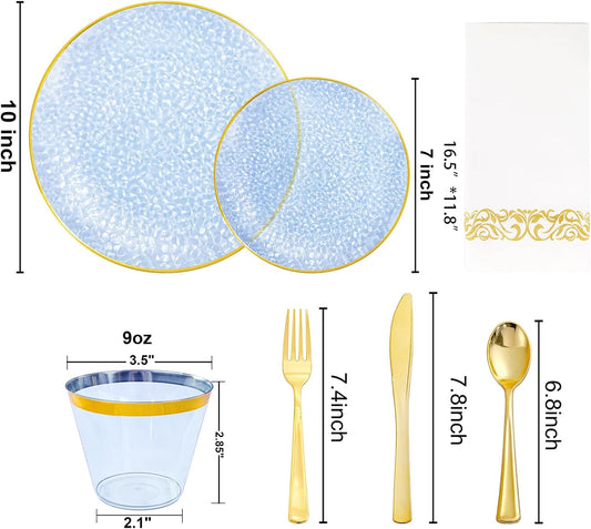 Rubtlamp 350 Pcs Clear Blue Plastic Plates, Blue Gold Plastic Dinnerware Set (50 Guests), Blue Disposable Plates With Gold Rim, Hammered Party Plates Set for Wedding And Party