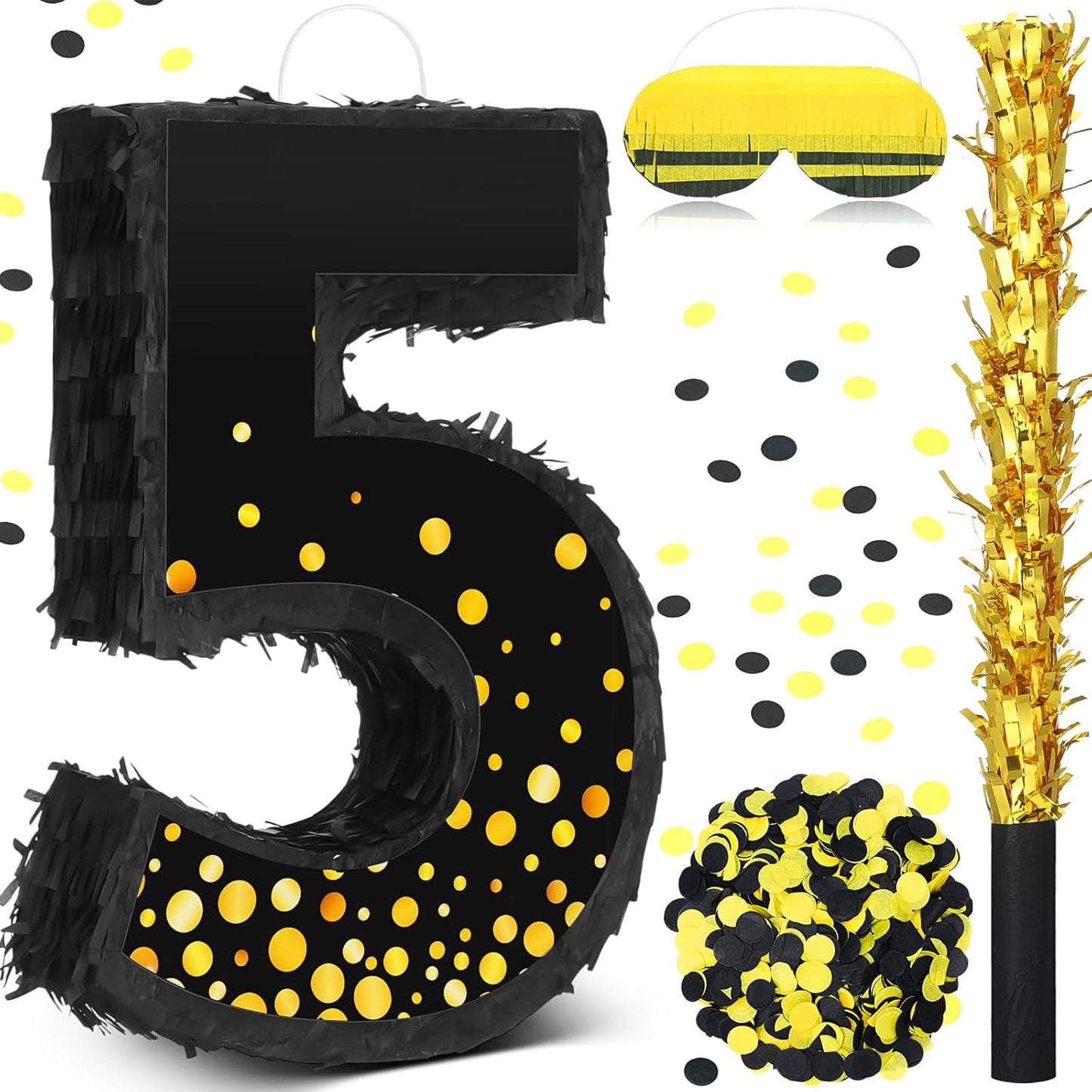 Poen Pinata for Birthday Party Decorations Black Gold Pinata with Blindfold Stick Confetti and Eye Mask for Party Supply Anniversary Baby Shower Retirement Supplies(Number 5)