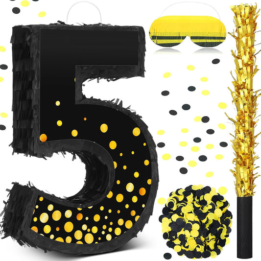 Poen Pinata for Birthday Party Decorations Black Gold Pinata with Blindfold Stick Confetti and Eye Mask for Party Supply Anniversary Baby Shower Retirement Supplies(Number 5)