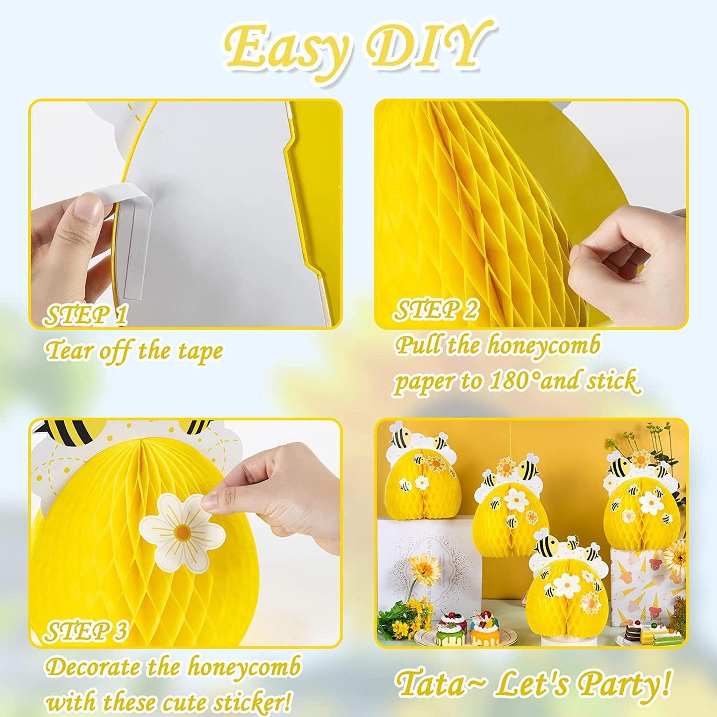 SUNBEAUTY 4PCS Honey Bee Honeycomb Centerpieces Decorations Yellow Bee Honeycomb Table Centerpieces with Sunflower Stickers for Baby Shower Birthday Gender Reveal Birthday Decoration