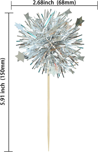 Ephlyn 30Pcs Foil Firework Cupcake Toppers Sparkle Tinsel Cupcake Picks Drink Stirrers Cocktail Food Fruit Toothpicks for Baby Shower Graduation Party Supplies White