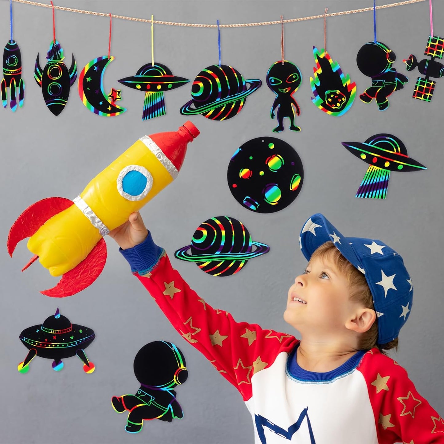 64 Set Space Theme Scratch Paper Rainbow Outer Space Scratch Cards DIY Rocket Scratch Paper Craft Art Cards Kits with Wood Stylus Ribbon for Home School Decor Christmas Birthday Space Party Favors