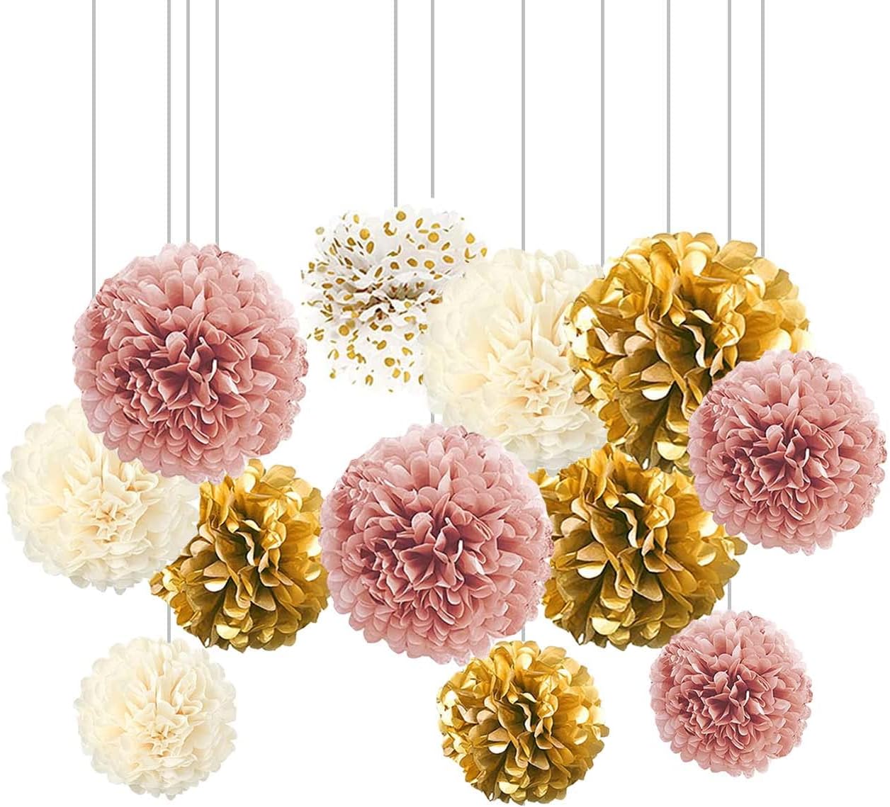 XIKSXITN 12 pc Rose Gold Gradient Tissue Paper Pom poms-Hanging Gold Dot White Paper Pom Poms Paper Flowers Ball for Party Decorative(8&10&12 inch)