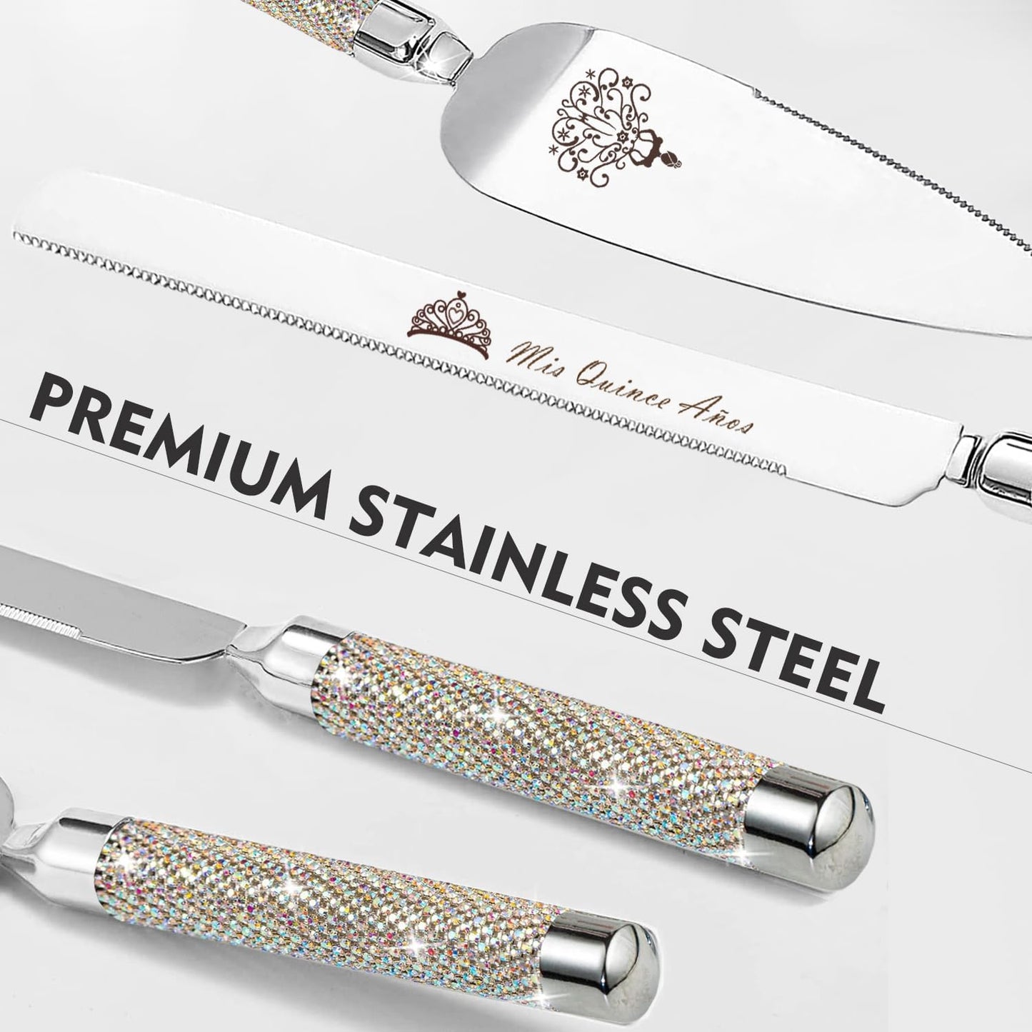 ROXBURGH Mis Quince Años Quinceanera Cake Serving and Knife Set, Feliz 15 Anos Decoration, 420 Stainless Steel Silver Cake Cutter and Pie Server Slicer, Rhinestones Studded Handle