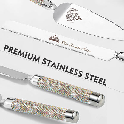 ROXBURGH Mis Quince Años Quinceanera Cake Serving and Knife Set, Feliz 15 Anos Decoration, 420 Stainless Steel Silver Cake Cutter and Pie Server Slicer, Rhinestones Studded Handle