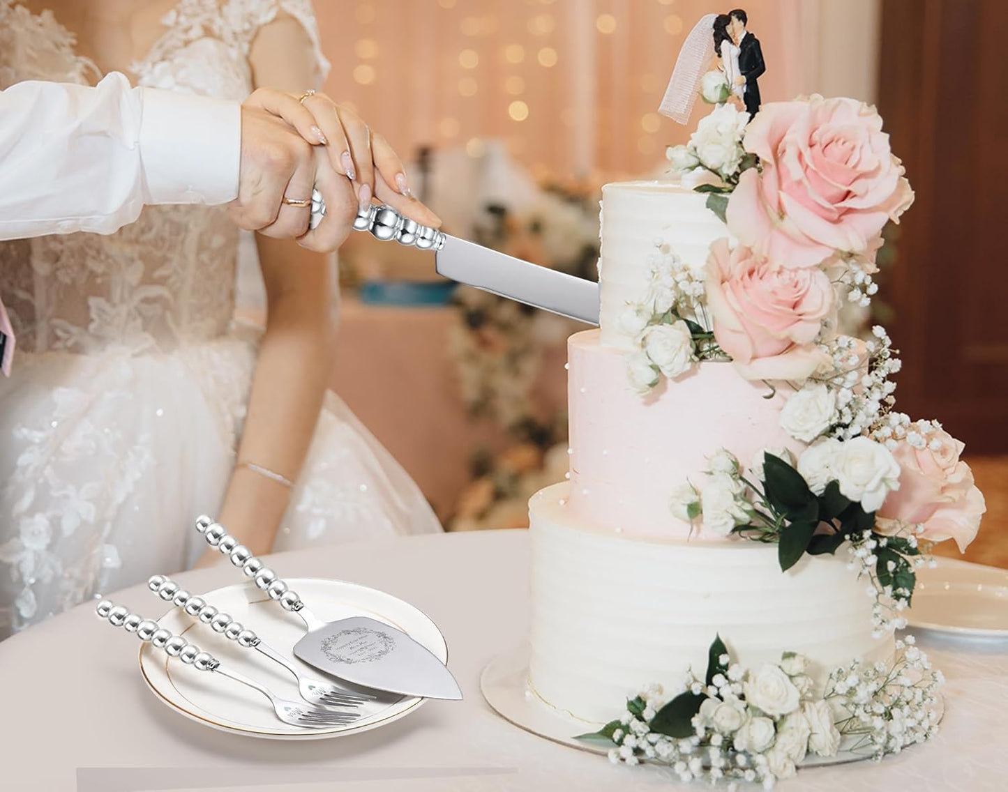 Wedding Cake Knife and Server Set, Gold Ceramic Pearl Handle Cake Cutting Set for Weddings, Engagements, Anniversaries, and Engagement Gifts for Couples