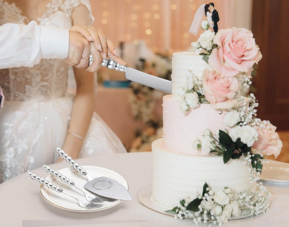 Wedding Cake Knife and Server Set, Gold Ceramic Pearl Handle Cake Cutting Set for Weddings, Engagements, Anniversaries, and Engagement Gifts for Couples