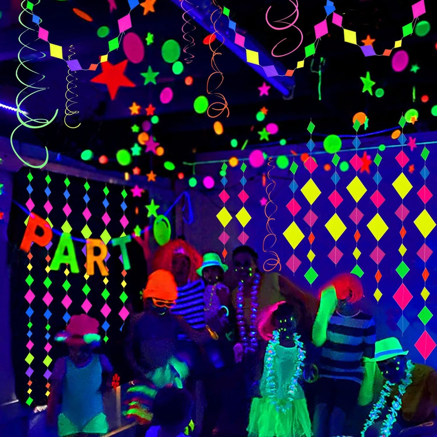 56 Pieces Rainbow Hanging Swirl Decorations Neon Swirl Streamers UV Neon Garland Ceiling Decorations Glow in The Dark Neon Party Supplies and Decorations Black Light Party Kit for Birthday Wedding