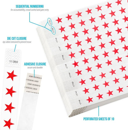 500 WristCo Red Stars Tyvek Wristbands for Events - Comfortable Tear Resistant Paper Bracelets ID Wrist Bands for Concerts Festivals Admission Party Identification Tours