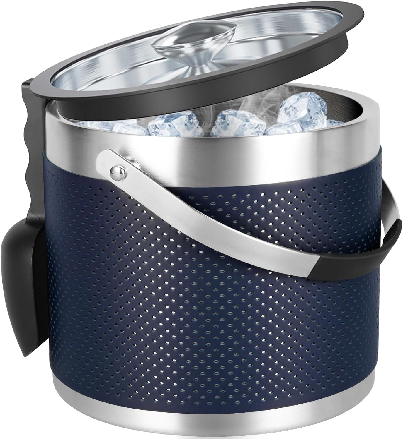 3.4Quart/3.2L Insulated Stainless Steel Ice Bucket with Lid, Scoop, Leather Design Double Wall Wine Bucket for Cocktail Bar, Parties (Dark Blue)