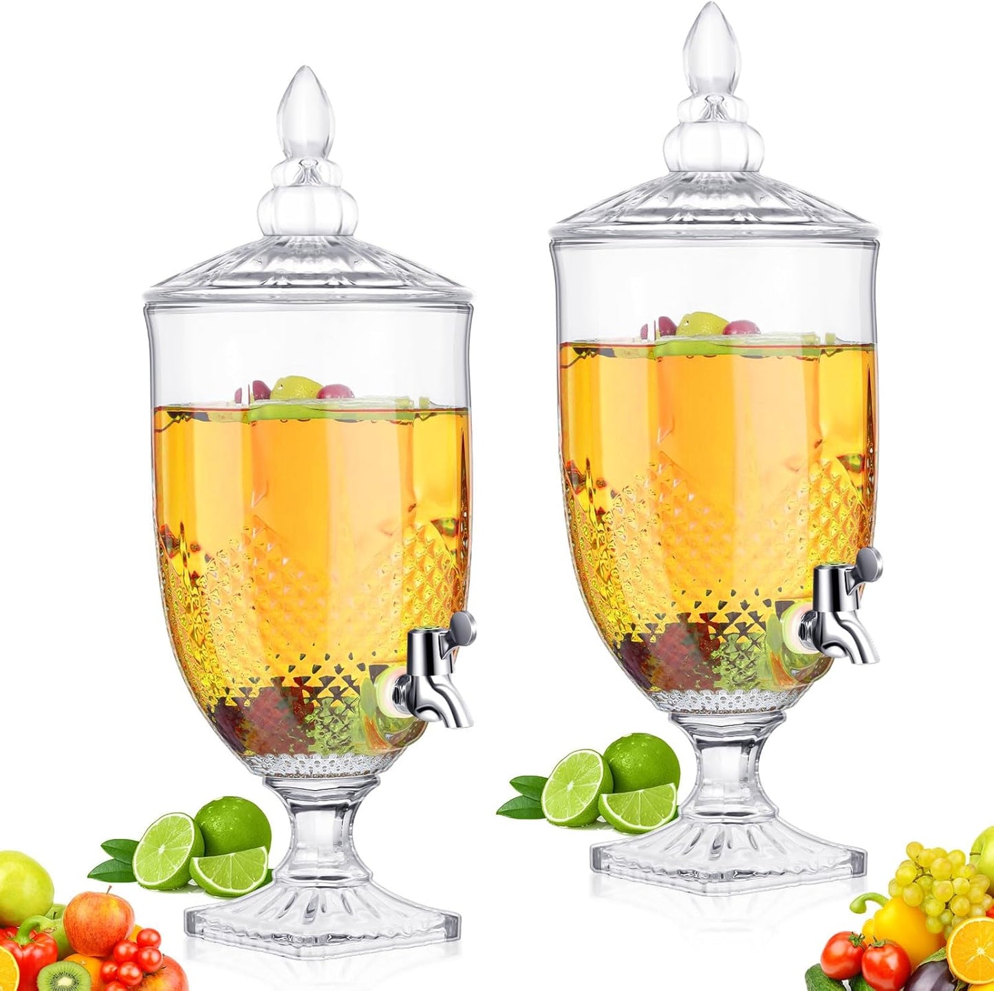 Bokon 2 Pieces Drink Dispensers for Parties Crystal Iced Beverage Dispenser with Stand and Spigot, Glass Liquid Containers Wide Mouth Beverage Server for Juice Tea Wedding (Exquisite)