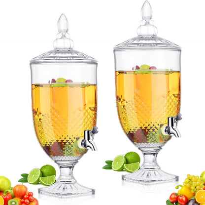 Bokon 2 Pieces Drink Dispensers for Parties Crystal Iced Beverage Dispenser with Stand and Spigot, Glass Liquid Containers Wide Mouth Beverage Server for Juice Tea Wedding (Exquisite)