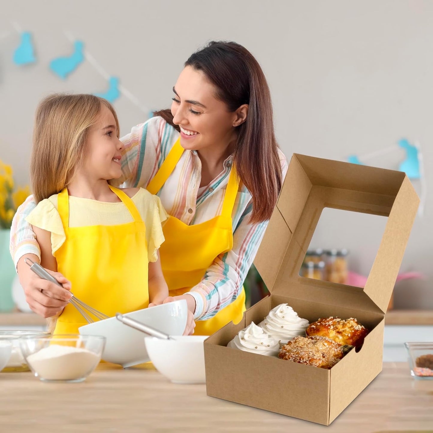 Jotique Cupcake Boxes with Window, 30 Sets 6x6x3 Inch Kraft Paper Bakery Boxes for Cookies and Muffins, Sturdy Disposable Treat Boxes for Pastry, Baked Goods, Gift Giving, Mother's Day