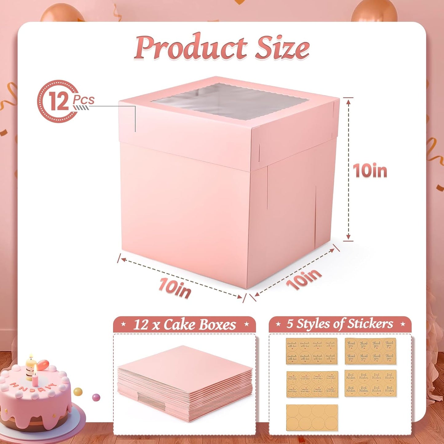 12Pcs 8x8x8 Inches Cake Boxes, Pink Square Bakery Boxes with Window, Disposable Cake Carrier Container for Pastries, Pie, Cookies, Chocolates, Cupcakes, Birthday Party, Wedding