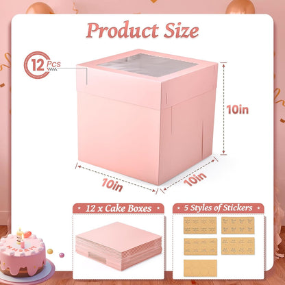 12Pcs 8x8x8 Inches Cake Boxes, Pink Square Bakery Boxes with Window, Disposable Cake Carrier Container for Pastries, Pie, Cookies, Chocolates, Cupcakes, Birthday Party, Wedding