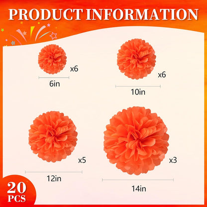 20 PCS Orange Tissue Paper Pom Poms, Tissue Pom Poms Flowers, Sizes of 6", 10", 12", 14" Hanging Paper Flower Ball for Wedding, Birthday, Halloween, Christmas, Baby Shower Party Decor