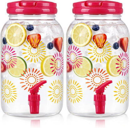 Havawish 2 Pcs 1 Gallon Plastic Beverage Dispenser with Spigot Clear Summer Kitchen Fridge Drink Dispenser for Parties Lemonade Juice Tea Beer Cold Water (Red,Cylinder)