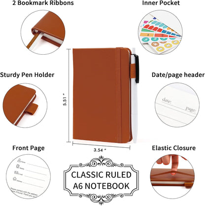 feela 6 Pack Pocket Small Notebooks Bulk, Mini Cute Memo Notepads Hardcover College Ruled Lined Journals with Pen Holder for Women Girls Office School, with 6 Black Pens, 3.5”x 5.5”, A6, Rose Pink