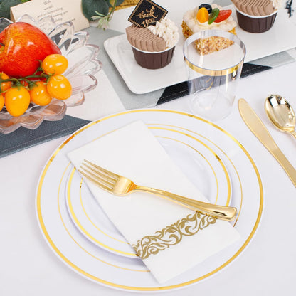 350 Pieces Black and Gold Plastic Plates with Disposable Silverware, Include 50 Dinner Plates 9”, 50 Dessert Plates 6.3”, 50 Black Cups 9 OZ, 50 Pre Rolled Napkins for Wedding Party Graduation