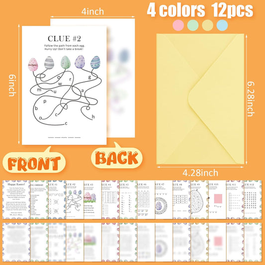 Fullhawl 36 Pcs Easter Party Games Easter Egg Scavenger Hunt Cards Indoor Treasure Clues Answer Game with Envelopes Party Favor for Teens Adults Family School Supplies