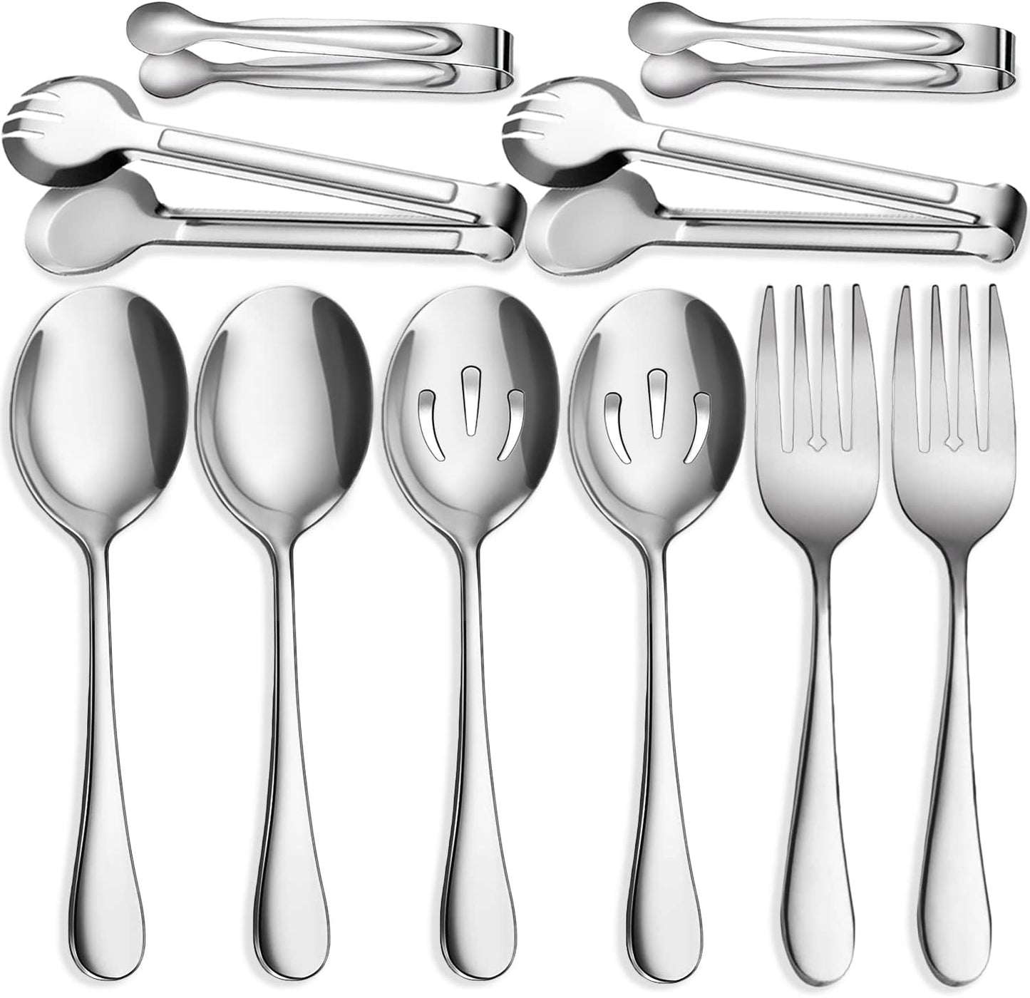 11 PCS Serving Utensils, Large Stainless Steel Spoons Forks Tongs, Pie Server, Great for Hostess Buffet Catering Banquet Party, Silver