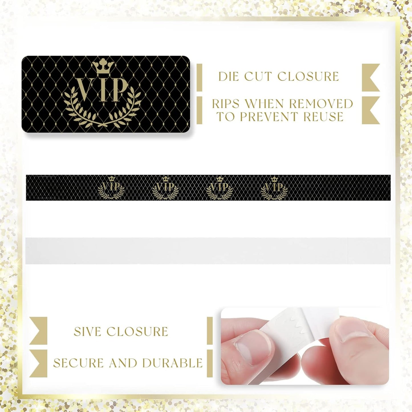 Jadive 500 Pieces Paper Wristbands VIP Plastic Waterproof Party Identification Wristbands Party Bracelets for Events Amusement Parks, Club, Concerts, Fairs, Festivals and Events(Black, Gold)