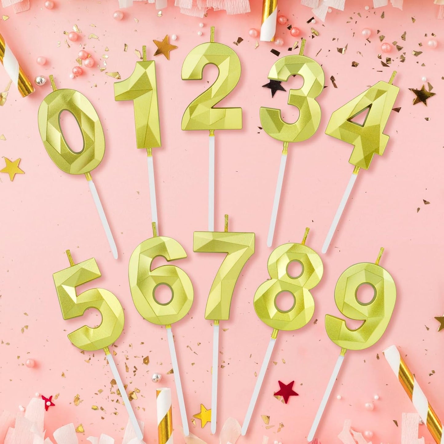 BEAN LIEVE Number Candles 0-9 Set - 10-Pack Diamond-Cut Birthday Candles, Cake Candles - Bulk Cake Decor for 1st-98th Birthdays, Photos, Parties - Kids Women Family Celebrations (Champagne Gold)
