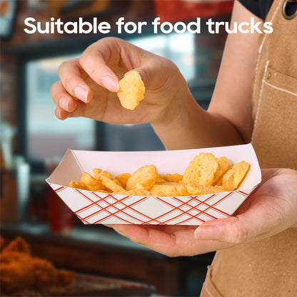 ECOLipak 100 Pack 3lb Paper Food Tray Red, Disposable Paper Boats, Food Holder Trays, Serving Boats for Taco Nacho Hot Dog Snack Fries Dessert Popcorn Sauce