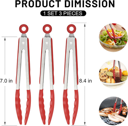 Hotec Mini Silicone Kitchen Tongs for Cooking - 7-Inch Small Serving Tongs with Silicone Tips, Set of 3 (Blue)