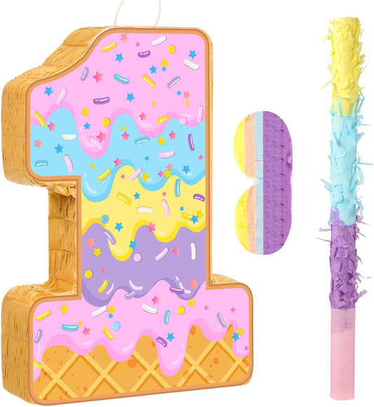 Aoriher Summer Birthday Piñata Ice Cream Game Set Summer Number Piñata with Bat Stick Blindfold Mask for Sundae Theme Birthday Baby Shower Party Game Supplies Decor(Number 4)