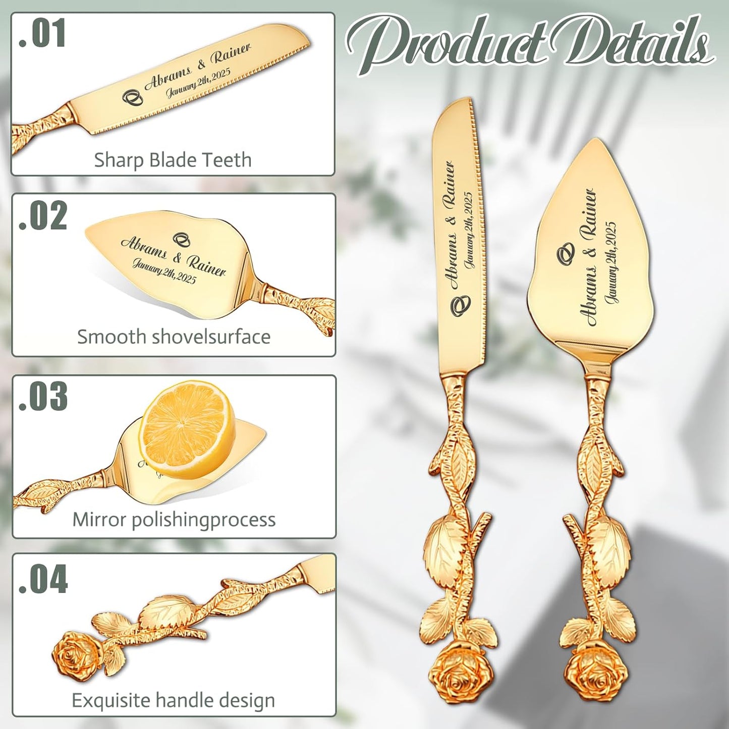 HJX Personalized Wedding Cake Knife and Server Set with Champagne Flutes, Custom Name Text Toasting Glasses for Bride and Groom, Cake Cutting Set Ideal Wedding Engagement Bridal Shower Gift