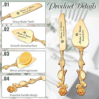 HJX Personalized Wedding Cake Knife and Server Set with Champagne Flutes, Custom Name Text Toasting Glasses for Bride and Groom, Cake Cutting Set Ideal Wedding Engagement Bridal Shower Gift