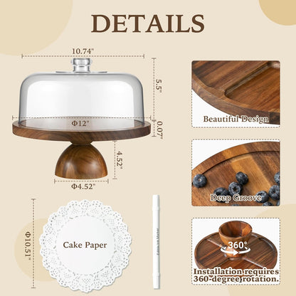 Cake Stand with Lid, 2 In 1 Cake Stand, 12in Round Acrylic Cake Stand with Dome, Acacia Wood Cake Container, Comes with Cake Paper, Perpare for Cake, Dessert, Cookie, No Glass
