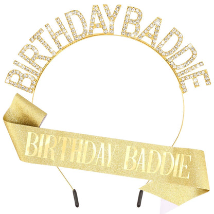 Aprince Birthday Baddie Sash and Tiara Crown for Women Girls Black Gold Happy Birthday Headband Accessiores Party Decorations