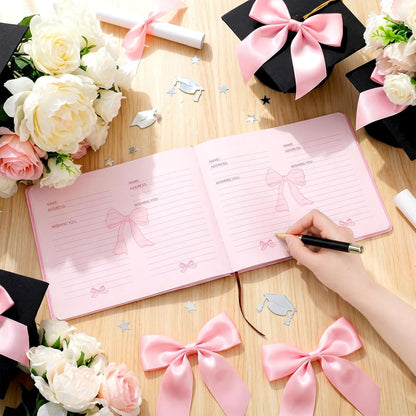 Patelai Pink Bow Graduation Guest Book Class of 2026 Party Decorations Leather Graduation Guest Signature Party Sign Gift with Pen, 112 Pages (Congrats Grad)