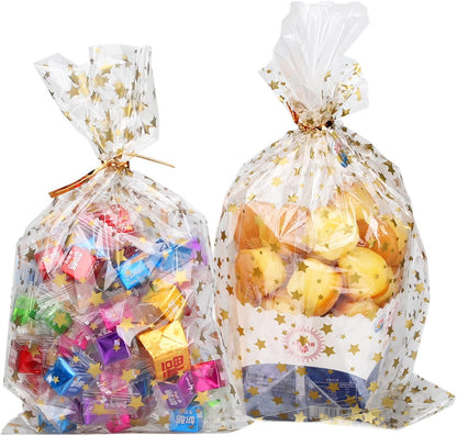 100 Pcs Star Printed 5"X 7" Gift Wrap Cello Cellophane Treat Bags Party Favor bags Clear Candy Cookie Bag Plastic Poly Goodie Storage Bag with Twist Ties for Bakery,Birthday, Wedding ,Party Decorations (Gold)
