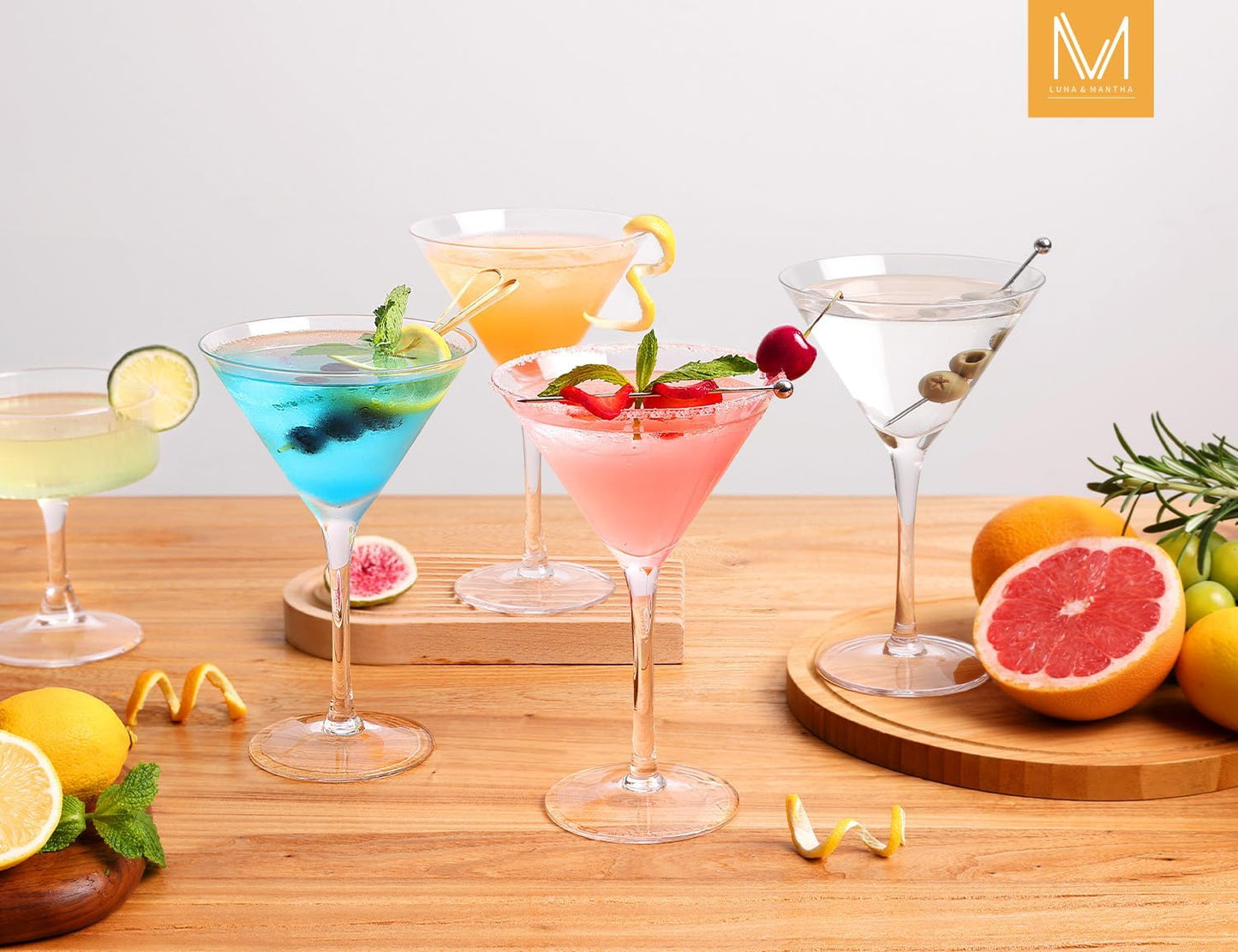 LUNA & MANTHA Martini Glasses, Martini Cocktail Glasses for Margarita, Manhattan, Cosmopolitan, Espresso, Home Bar, Evening Parties, Birthdays, Housewarming Gift,8oz-Stemless Set of 4