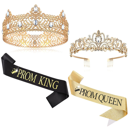 Lyrow 4 Pcs Prom King and Queen Crown Set, Prom King Crown with Sash for Graduation, Queen Tiara with Sash for Grad Couple Accessories Homecoming Birthday Party(Cute,Black,White)