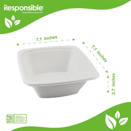 Responsible Products 100% Compostable Square Serving Bowls, 48 oz Disposable Paper Bowls, Microwave Safe, Freezer Safe, Soup Safe, No Plastic, Eco-Friendly, Tree-Free, No PFAS. White (50 Count)