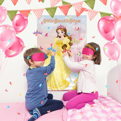 Pin The Crown on The Princess Party Games for Girls Princess Birthday Party with 24 Pcs Crowns, Large Princess Poster for Kids Girls Princess Birthday Party Princess Tea Party Decorations