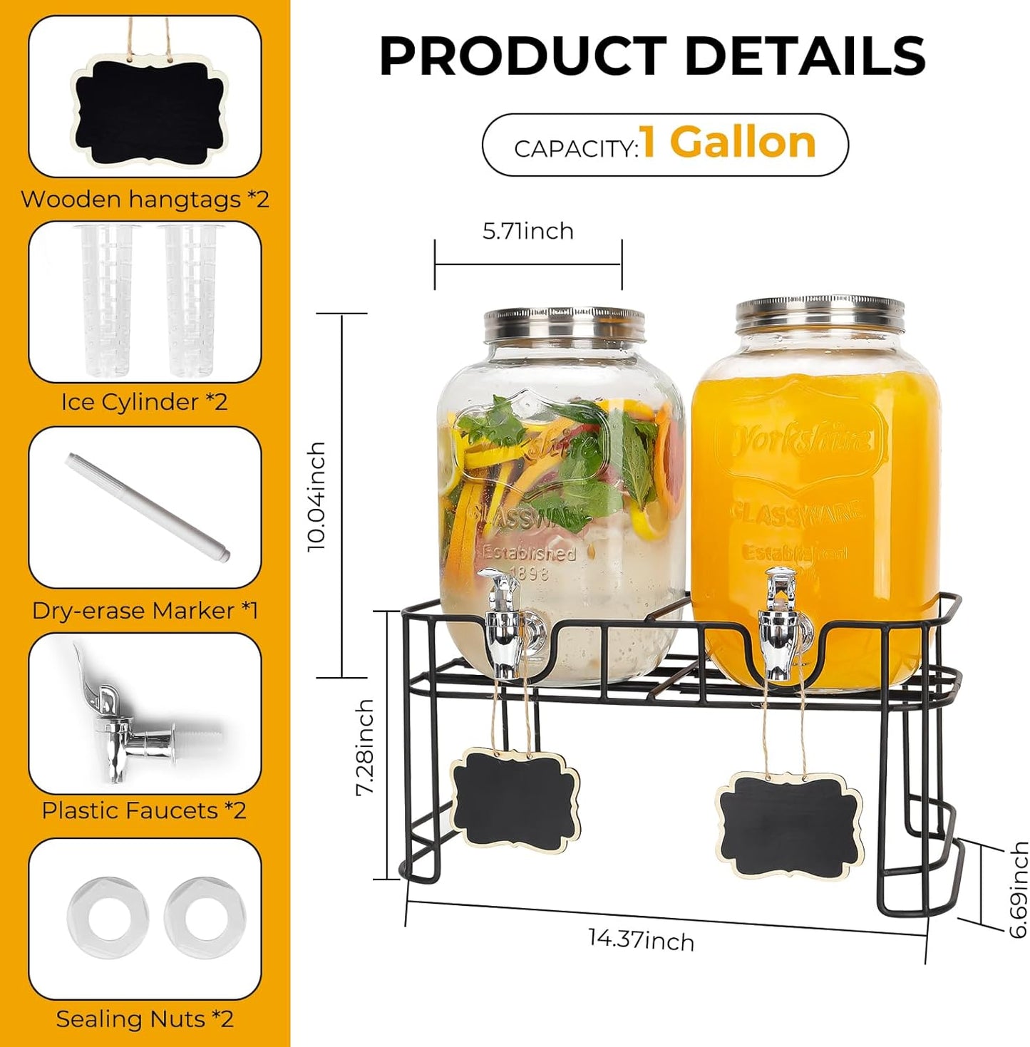 Glass Drink Dispensers For Parties, 2 PACK 1 Gallon Beverage Dispenser With Wooden Lids, Metal Stand And Spigot 100% Leak proof. Lemonade Dispenser With Chalk board