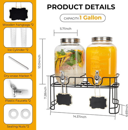 Glass Drink Dispensers For Parties, 2 PACK 1 Gallon Beverage Dispenser With Wooden Lids, Metal Stand And Spigot 100% Leak proof. Lemonade Dispenser With Chalk board