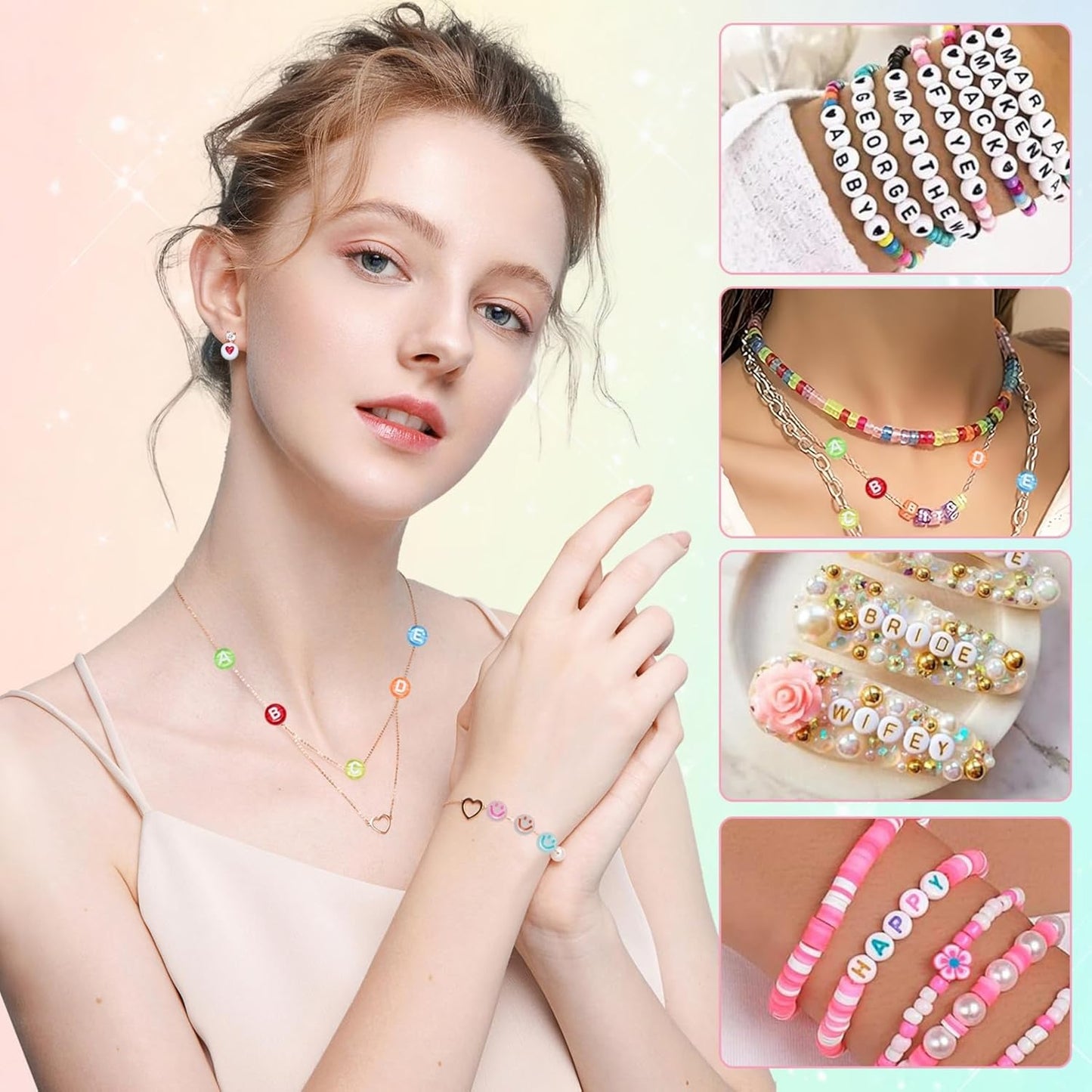 Amaney 1400pcs Glow Letter Beads, Heart Beads Whit Elastic Beading Cord,4x7mm Round Acrylic Alphabet Beads for Friend Bracelet Jewelry Making