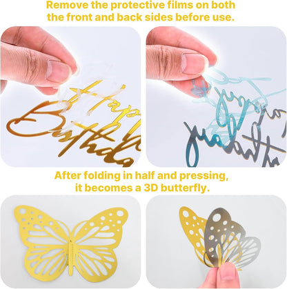 Crown Cake Topper, Balls Happy Birthday Cake Topper Pink Crown Birthday Candles Gold Butterflies, Corona Para Pastel, Cake Decorations for Birthday Wedding (Gold, Pink)