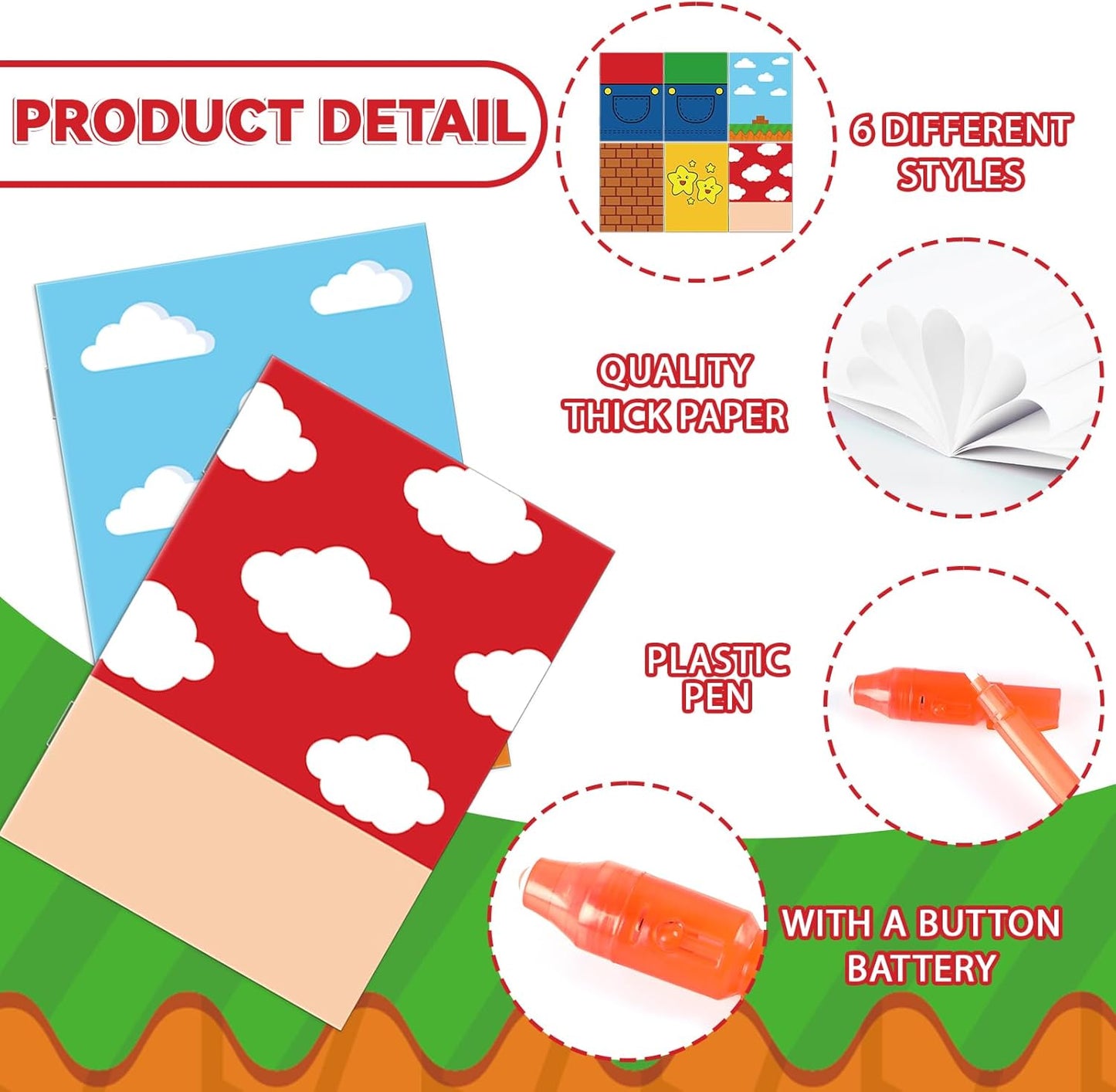 48Pcs Invisible Ink Pen with Anime Themed Notepads Animation Party Favors Spy Pens Magic Marker with Light Red White Video Game Mini Notebook for Birthday Gifts Goodie Bags Stuffers