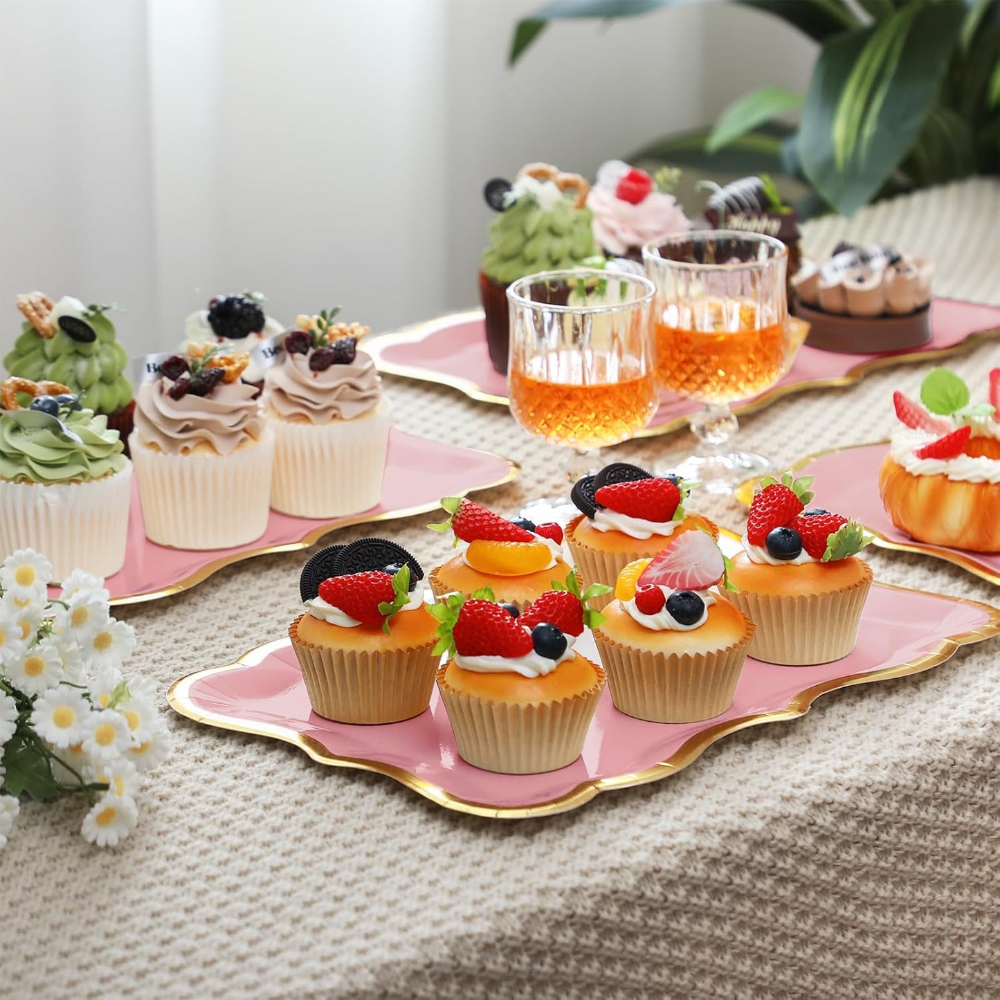 Havawish 24 Pcs 9" x 13" Pink Disposable Paper Serving Trays and Platters Food Platters for Parties White Trays Cupcake Platter Bandejas Decorativas para Fiestas for Birthday Party Weddings