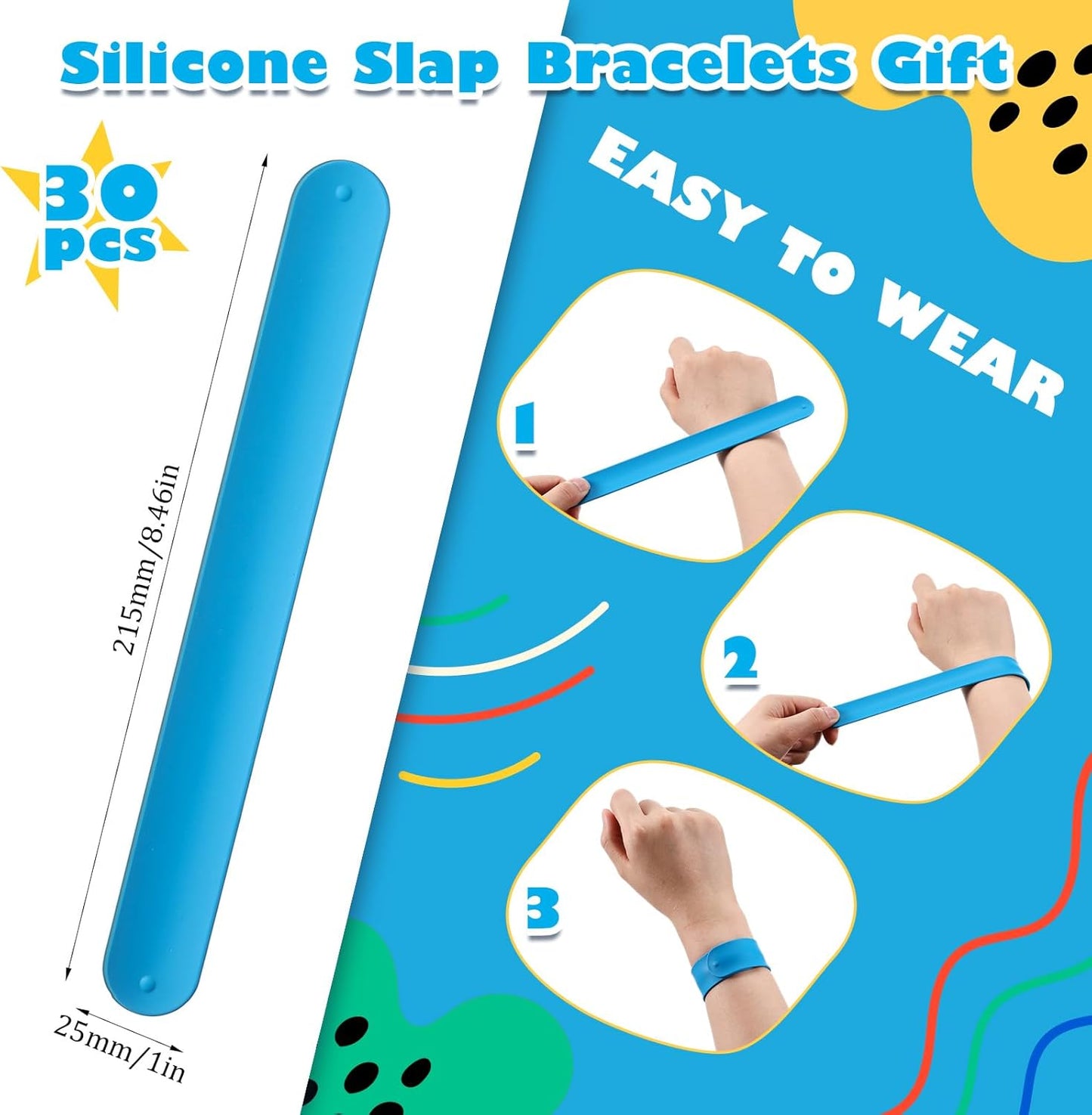 Vinsot 30 Pcs Silicone Slap Bracelets Gift for Kids DIY Slap Bands Party Favor Soft Blank Snap Wristbands Bulk for School Craft Project Painting Classroom Prizes Birthday Wedding