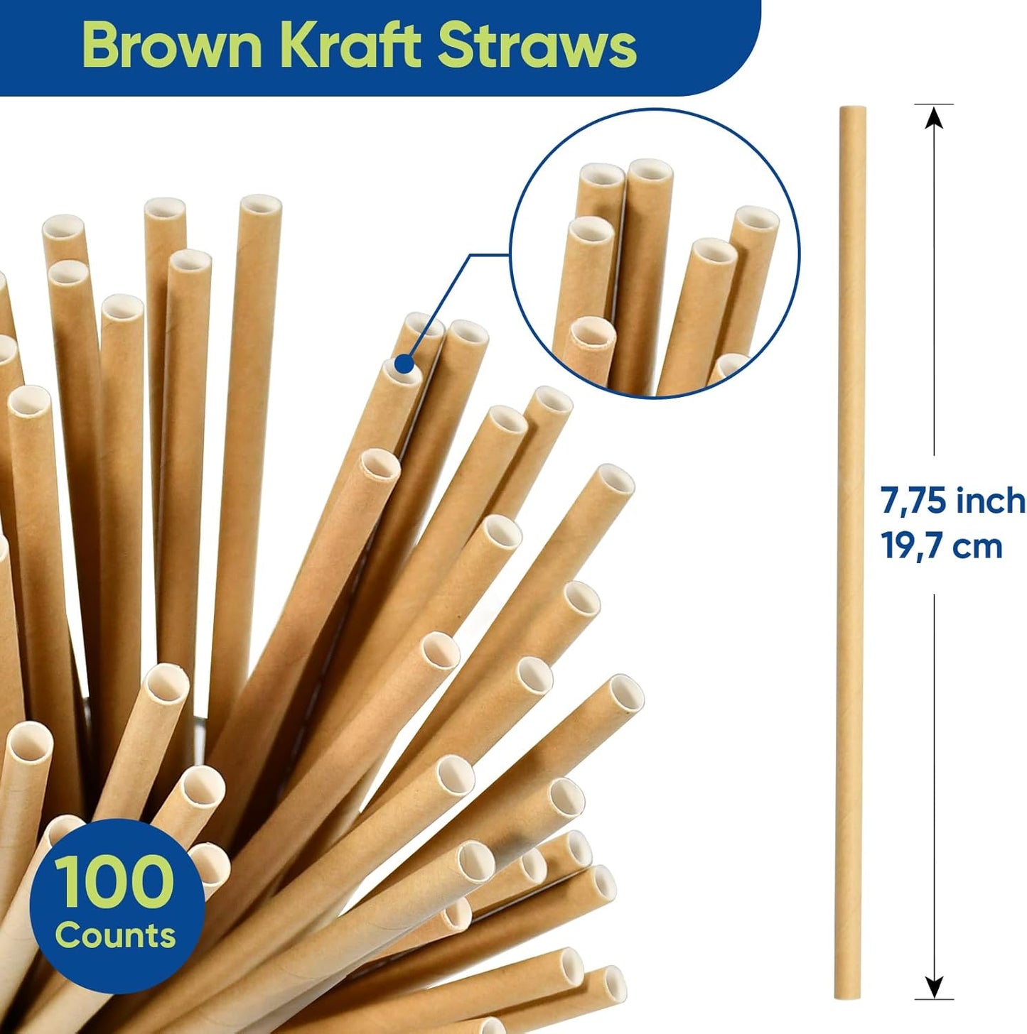 Disposable Paper Straws Solid Green - 7.75'' x 0.24'', 100 Counts - for Drinking, Beverage, Juice, Soda, Bar Supplies